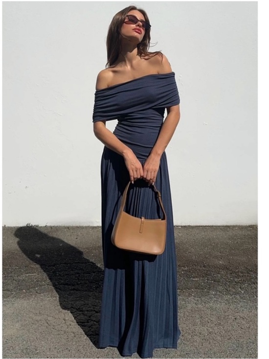 Lioness Dresses & Skirts - Lioness Field of Dreams Off-Shoulder Ruched Maxi Dress Navy Blue Size L